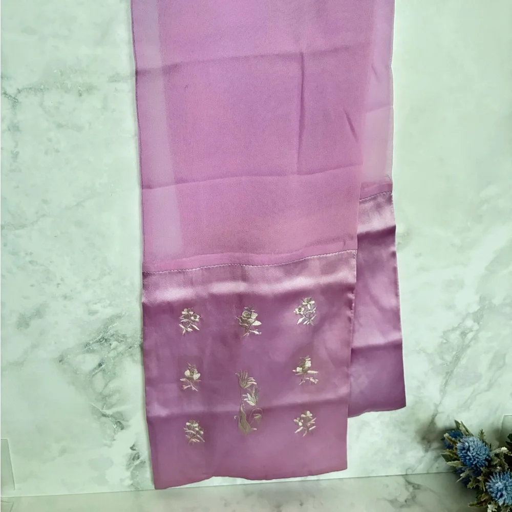 100% Silk Vintage Lavender Scarf with White Flower Embroidery